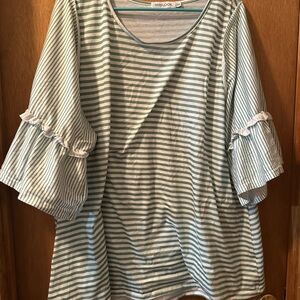 MISSLOOK Teal Striped Blouse with Ruffle Sleeves